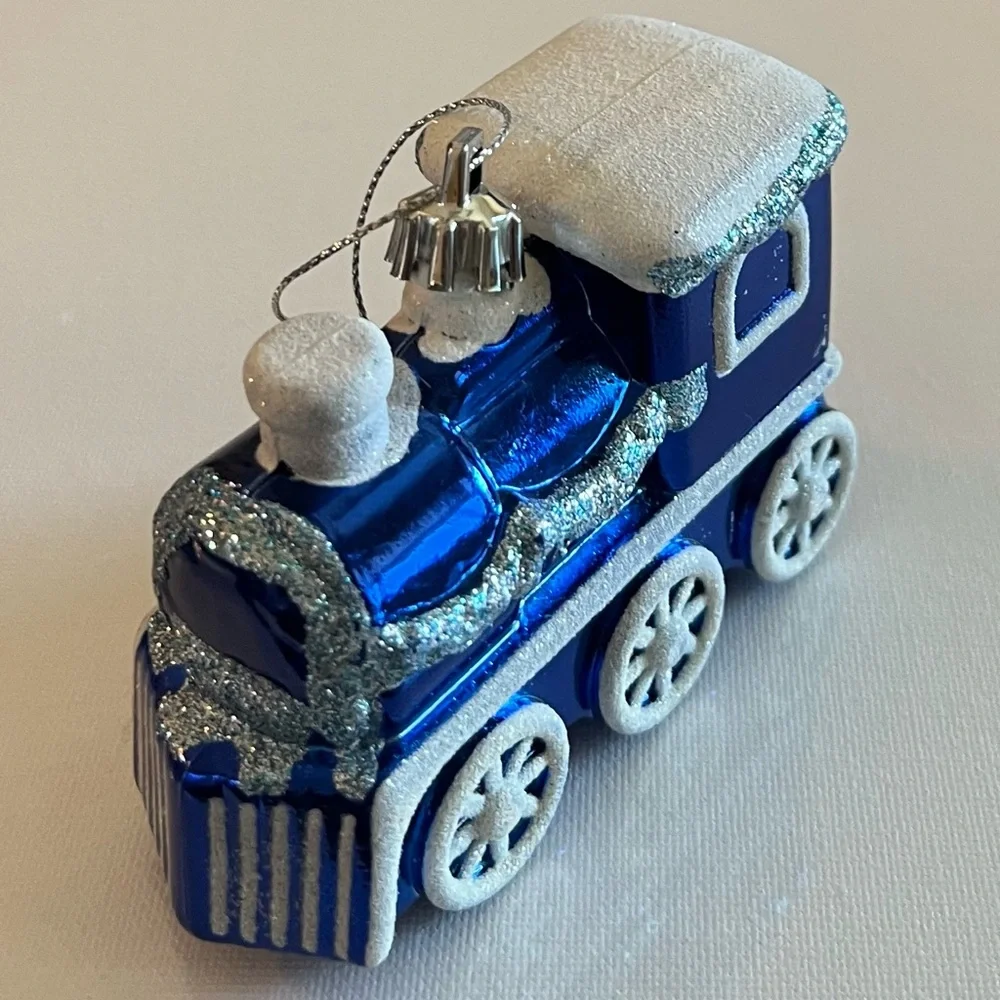 Vintage blue, white and silver sparkly train Christmas ornament